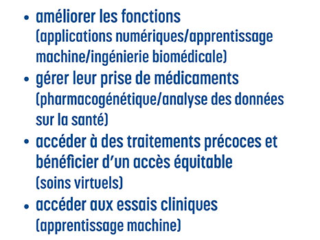 - améliorer les fonctions (applications numériques/apprentissage machine/ingénierie biomédicale) 

- gérer leur prise de médicaments (pharmacogénétique/analyse des données sur la santé) 

- accéder à des traitements précoces et bénéficier d’un accès équitable (soins virtuels)
- accéder aux essais cliniques (apprentissage machine) 

- obtenir un diagnostic précis et rapide (IA/analyse des données sur la santé) 

- permettre la prise en charge personnelle (en tirant parti des applications numériques) 

 