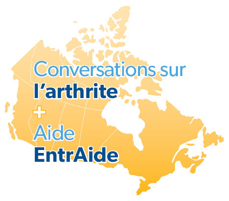 Une carte du Canada avec les inscriptions : Conversations sur l’arthrite + Aide EntrAide 