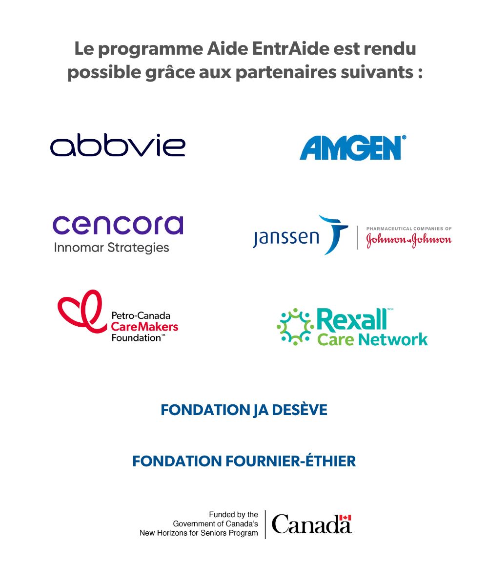 Liste des commanditaires : abbvie, amgen, cencora Innomar Strategies, Janssen | Johnson-Johnson, Petro-Canada CareMakers Foundation, Rexall Care Network, fondation j.a.desève, fondation fournier-éthier, Gouvernement du Canada