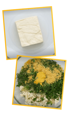Deux photos, une d'un bloc de tofu et l'autre avec les ingredients non mélangé dans un bol.
