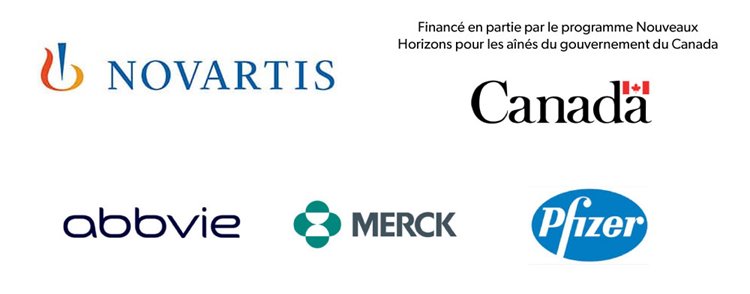 Logo des commanditaires: Novartis, Financé en partie par le programme Nouveaux Horizons pour les ainés du gouvernement du Canada, abbvie, merck, pfizer
