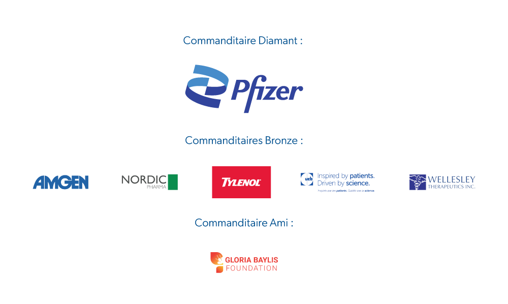 Logo des commanditaires: Commanditaire diamant: Pfizer - Commanditaire argent: Massothérapie Massage Addict - Commanditaires Bronze: AMGEN, Nordic Pharma, Tylenol, UCB,  Wellesley Therapeutics Inc. - Commanditaire Ami : Gloria Baylis Foundation