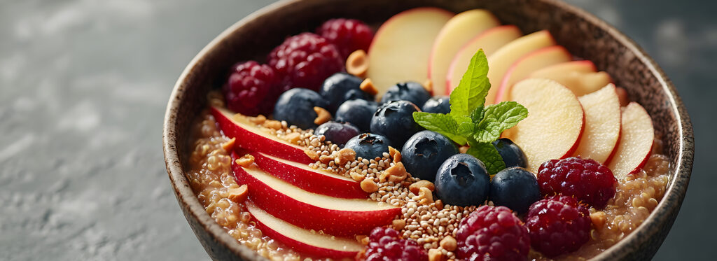 vegan quinoa breakfast bowl with fruits seeds