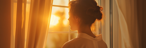 A woman stands at a window